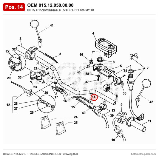 BETA TRANSMISSION STARTER, RR 125 MY'10 – OEM 015.12.050.00.00, position 14 on the Beta RR 125 MY10 handlebar/controls drawing