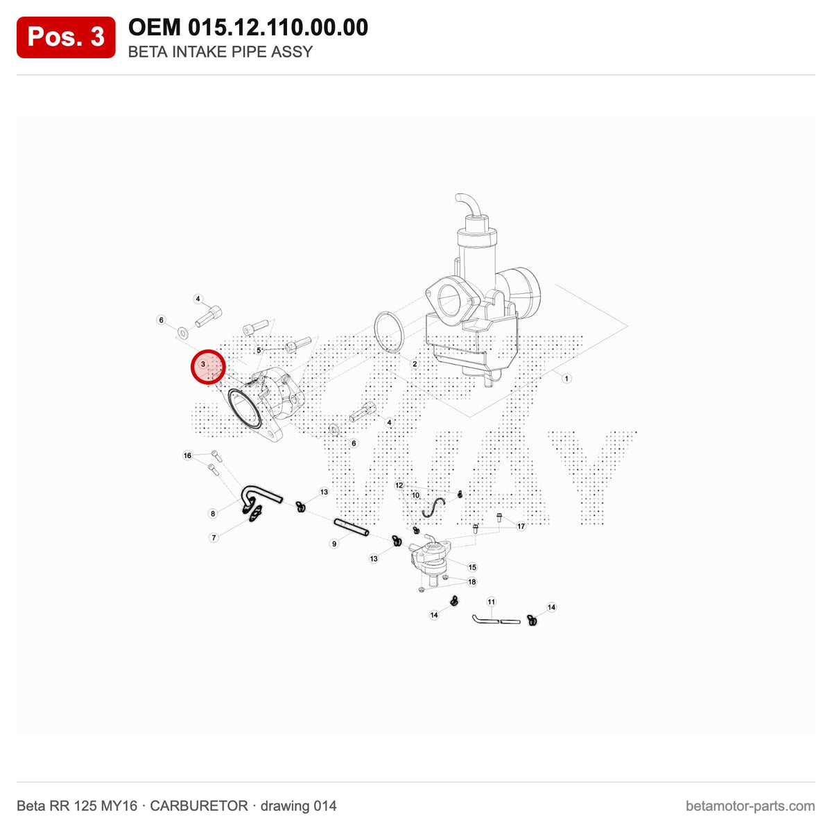 BETA INTAKE PIPE ASSY – OEM 015.12.110.00.00, position 3 on the Beta RR 125 MY16 carburetor drawing