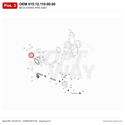 BETA INTAKE PIPE ASSY – OEM 015.12.110.00.00, position 3 on the Beta RR 125 MY16 carburetor drawing