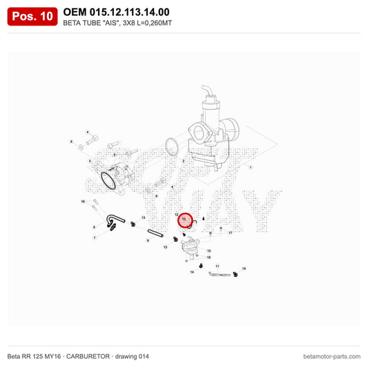 BETA TUBE "AIS", 3X8 L=0,260MT – OEM 015.12.113.14.00, position 10 on the Beta RR 125 MY16 carburetor drawing