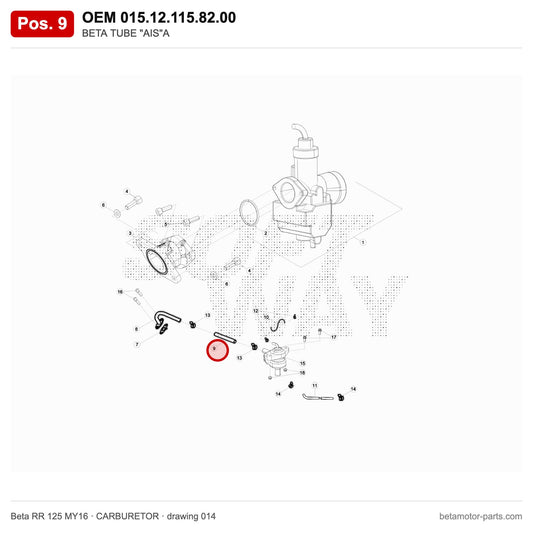 BETA TUBE "AIS"A – OEM 015.12.115.82.00, position 9 on the Beta RR 125 MY16 carburetor drawing