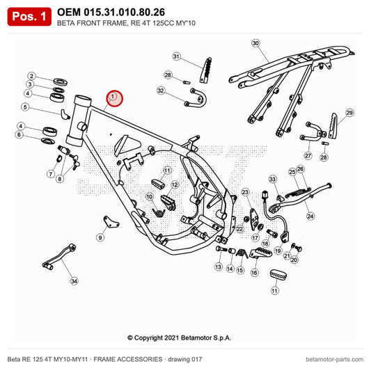 BETA FRONT FRAME, RE 4T 125CC MY'10 – OEM 015.31.010.80.26, position 1 on the Beta RE 125 4T MY10-MY11 frame accessories drawing
