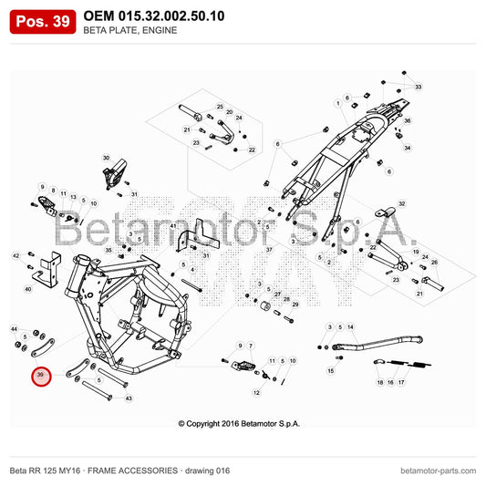 BETA PLATE, ENGINE – OEM 015.32.002.50.10, position 39 on the Beta RR 125 MY16 frame accessories drawing