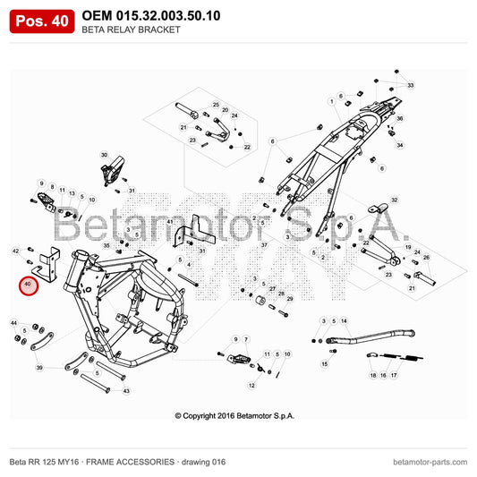 BETA RELAY BRACKET – OEM 015.32.003.50.10, position 40 on the Beta RR 125 MY16 frame accessories drawing