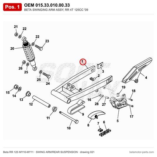 BETA SWINGING ARM ASSY, RR 4T 125CC '09 – OEM 015.33.010.00.33, position 1 on the Beta RR 125 MY10-MY11 swing arm/rear suspension drawing