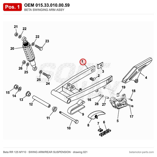 BETA SWINGING ARM ASSY – OEM 015.33.010.00.59, position 1 on the Beta RR 125 MY10 swing arm/rear suspension drawing