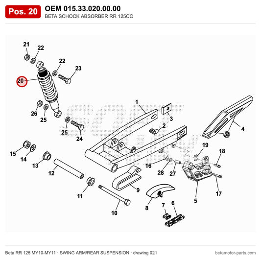 BETA SCHOCK ABSORBER RR 125CC – OEM 015.33.020.00.00, position 20 on the Beta RR 125 MY10-MY11 swing arm/rear suspension drawing