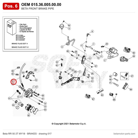 BETA FRONT BRAKE PIPE – OEM 015.36.005.00.00, position 6 on the Beta RR 50 2T MY18 brakes drawing