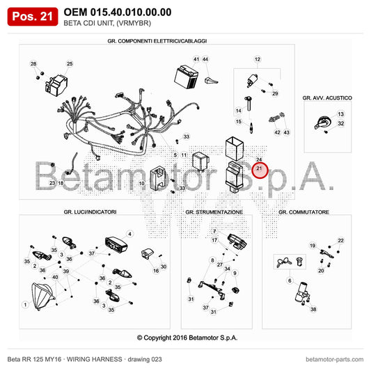 BETA CDI UNIT, (VRMYBR) – OEM 015.40.010.00.00, position 21 on the Beta RR 125 MY16 wiring harness drawing