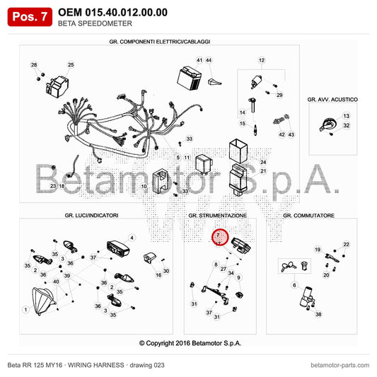 BETA SPEEDOMETER – OEM 015.40.012.00.00, position 7 on the Beta RR 125 MY16 wiring harness drawing