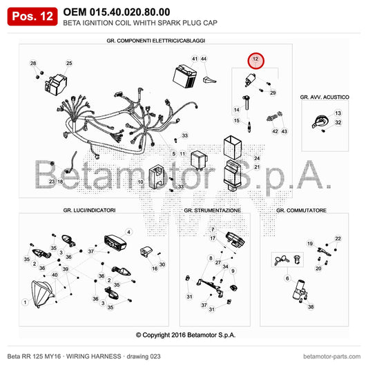 BETA IGNITION COIL WHITH SPARK PLUG CAP – OEM 015.40.020.80.00, position 12 on the Beta RR 125 MY16 wiring harness drawing
