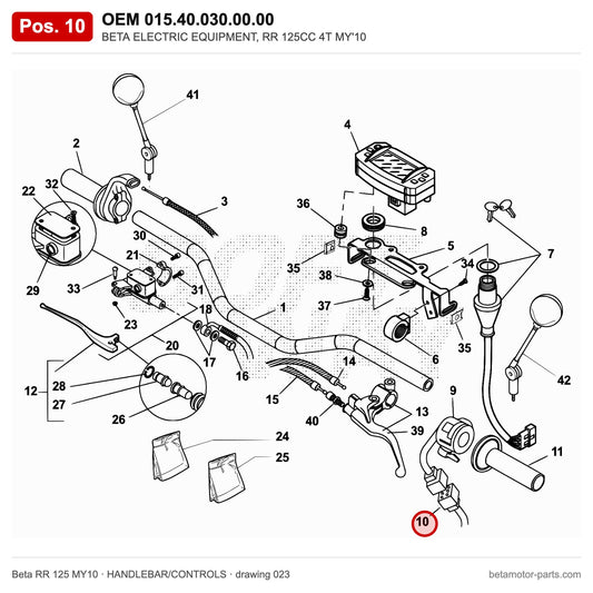 BETA ELECTRIC EQUIPMENT, RR 125CC 4T MY'10 – OEM 015.40.030.00.00, position 10 on the Beta RR 125 MY10 handlebar/controls drawing