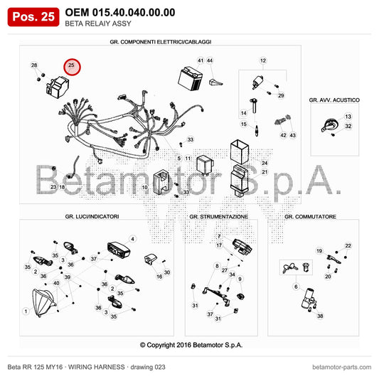BETA RELAIY ASSY – OEM 015.40.040.00.00, position 25 on the Beta RR 125 MY16 wiring harness drawing