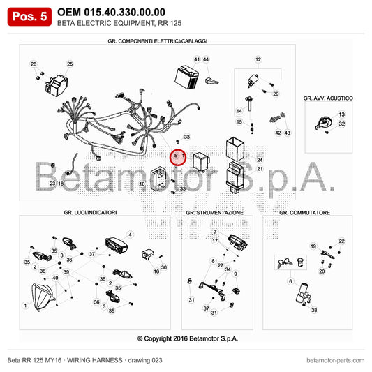 BETA ELECTRIC EQUIPMENT, RR 125 – OEM 015.40.330.00.00, position 5 on the Beta RR 125 MY16 wiring harness drawing