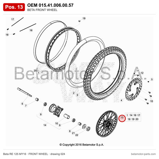 BETA FRONT WHEEL – OEM 015.41.006.00.57, position 13 on the Beta RE 125 MY16 front wheel drawing