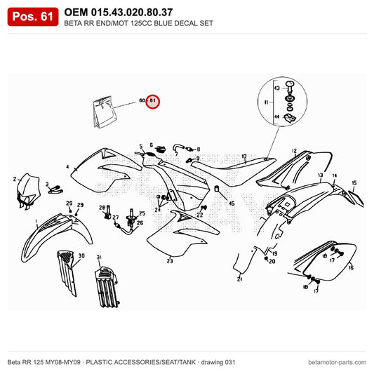 BETA RR END/MOT 125CC BLUE DECAL SET – OEM 015.43.020.80.37, position 61 on the Beta RR 125 MY08-MY09 plastic accessories/seat/tank drawing