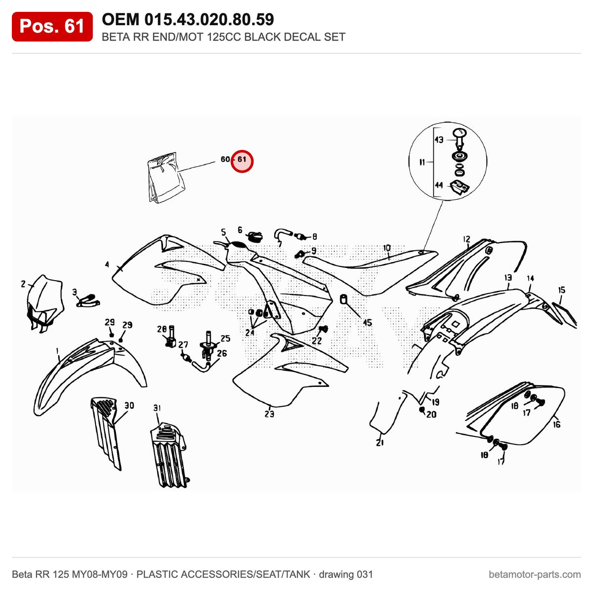 BETA RR END/MOT 125CC BLACK DECAL SET – OEM 015.43.020.80.59, position 61 on the Beta RR 125 MY08-MY09 plastic accessories/seat/tank drawing