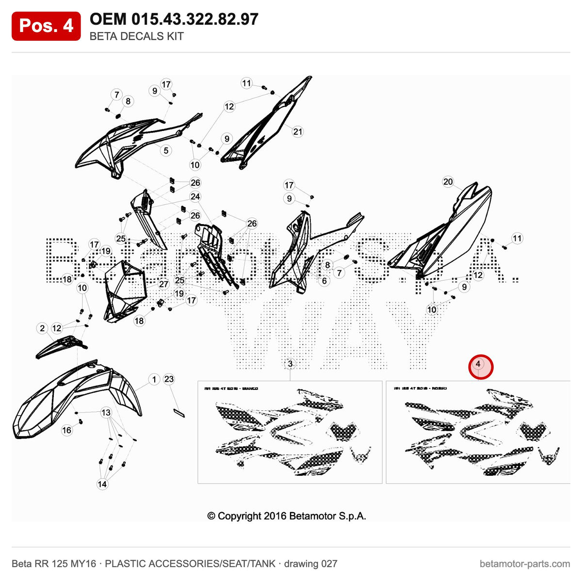 BETA DECALS KIT – OEM 015.43.322.82.97, position 4 on the Beta RR 125 MY16 plastic accessories/seat/tank drawing