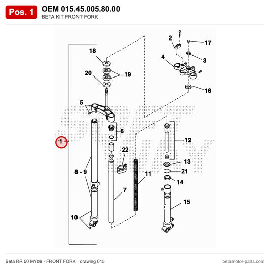BETA KIT FRONT FORK – OEM 015.45.005.80.00, position 1 on the Beta RR 50 MY09 front fork drawing