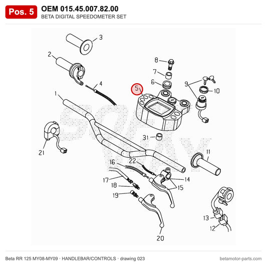 BETA DIGITAL SPEEDOMETER SET – OEM 015.45.007.82.00, position 5 on the Beta RR 125 MY08-MY09 handlebar/controls drawing