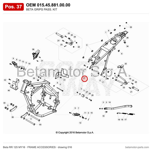 BETA GRIPS PASS. KIT – OEM 015.45.881.00.00, position 37 on the Beta RR 125 MY16 frame accessories drawing