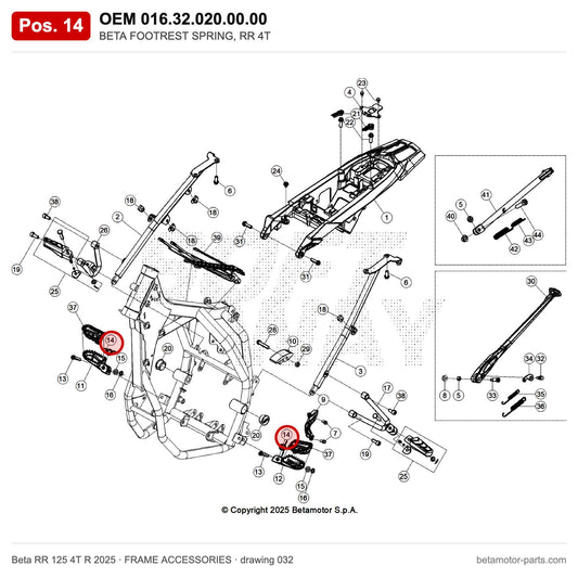 BETA FOOTREST SPRING, RR 4T – OEM 016.32.020.00.00, position 14 on the Beta RR 125 4T R 2025 frame accessories drawing