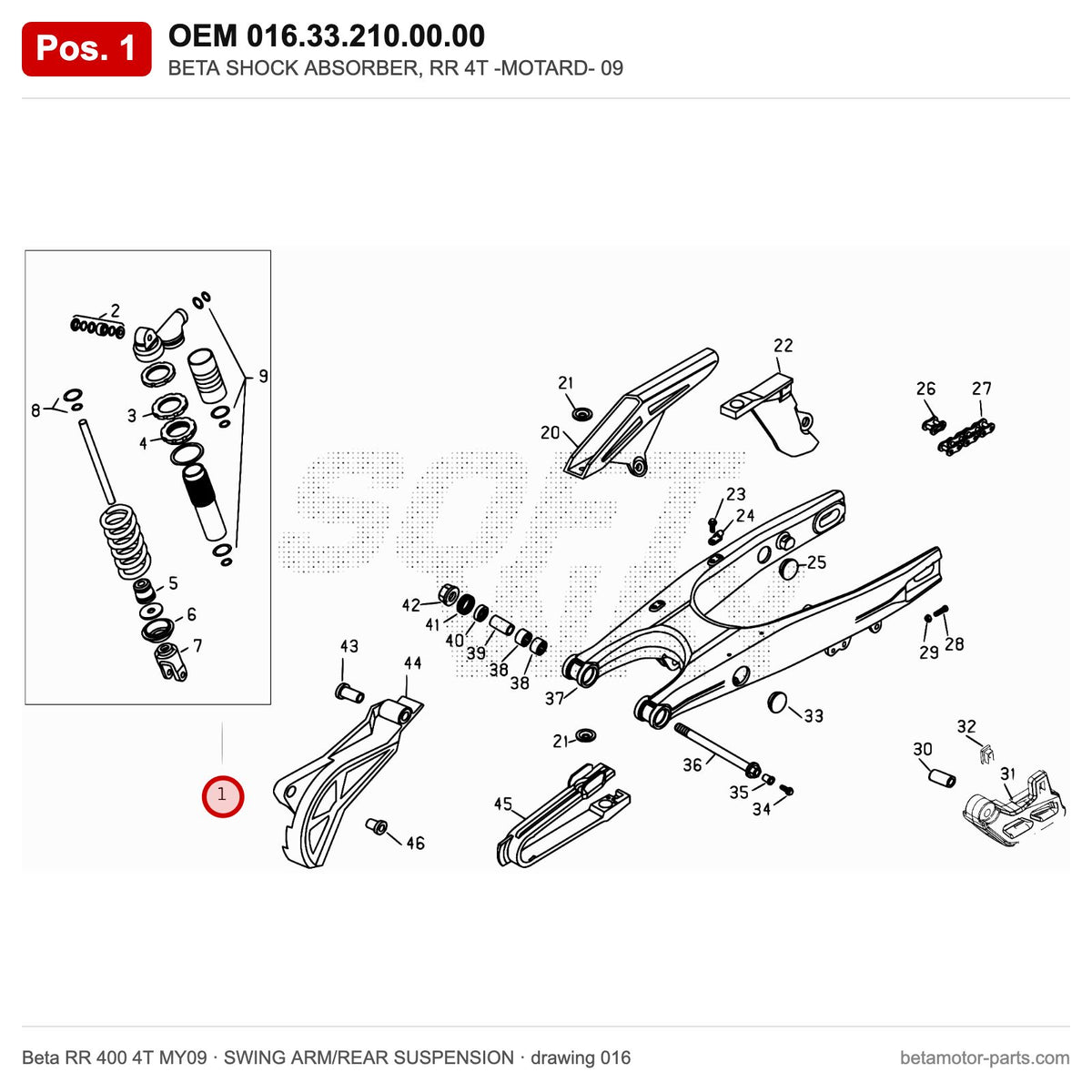BETA SHOCK ABSORBER, RR 4T -MOTARD- 09 – OEM 016.33.210.00.00, position 1 on the Beta RR 400 4T MY09 swing arm/rear suspension drawing