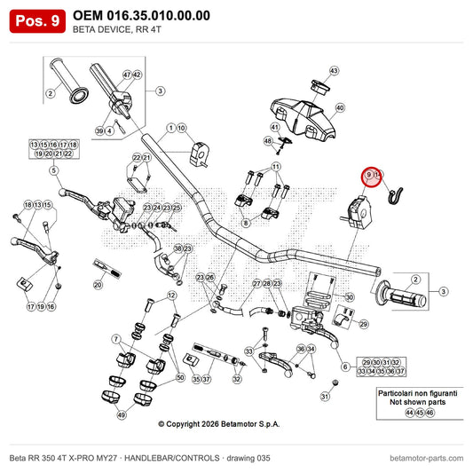 BETA LIGHTS SWITCH – OEM 016.35.010.00.00, position 9 on the Beta RR 350 4T X-PRO MY27 handlebar/controls drawing