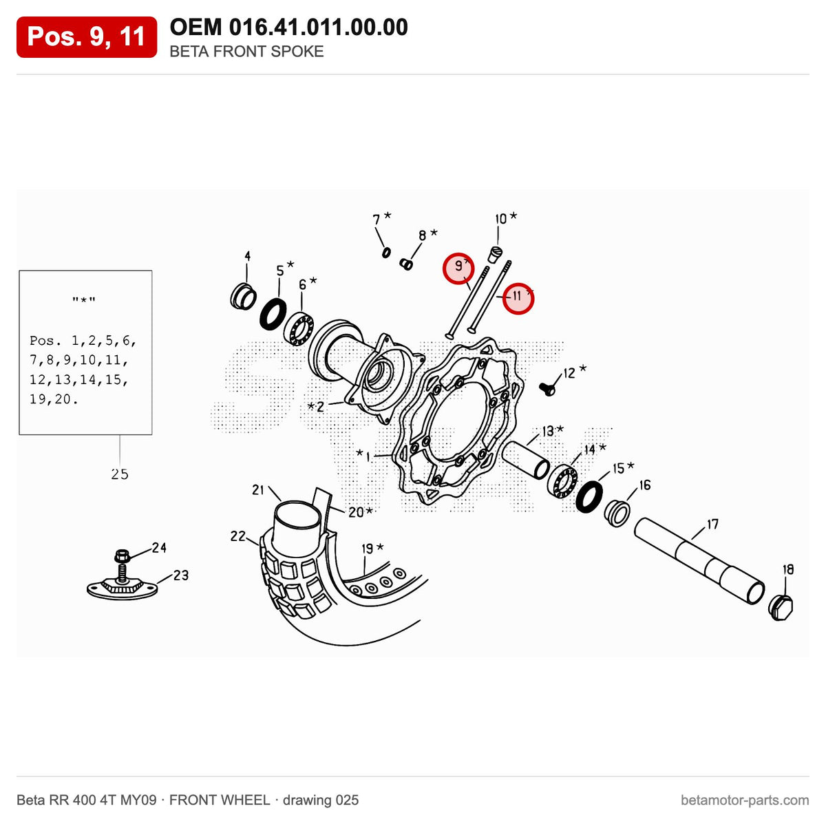 BETA FRONT SPOKE – OEM 016.41.011.00.00, positions 9,11 on the Beta RR 400 4T MY09 front wheel drawing