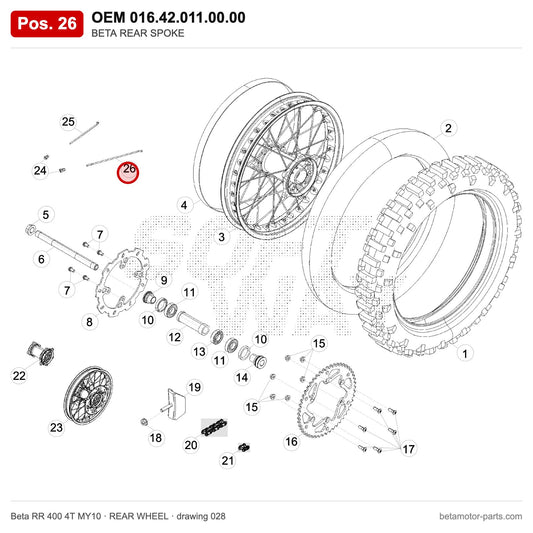 BETA REAR SPOKE – OEM 016.42.011.00.00, position 26 on the Beta RR 400 4T MY10 rear wheel drawing