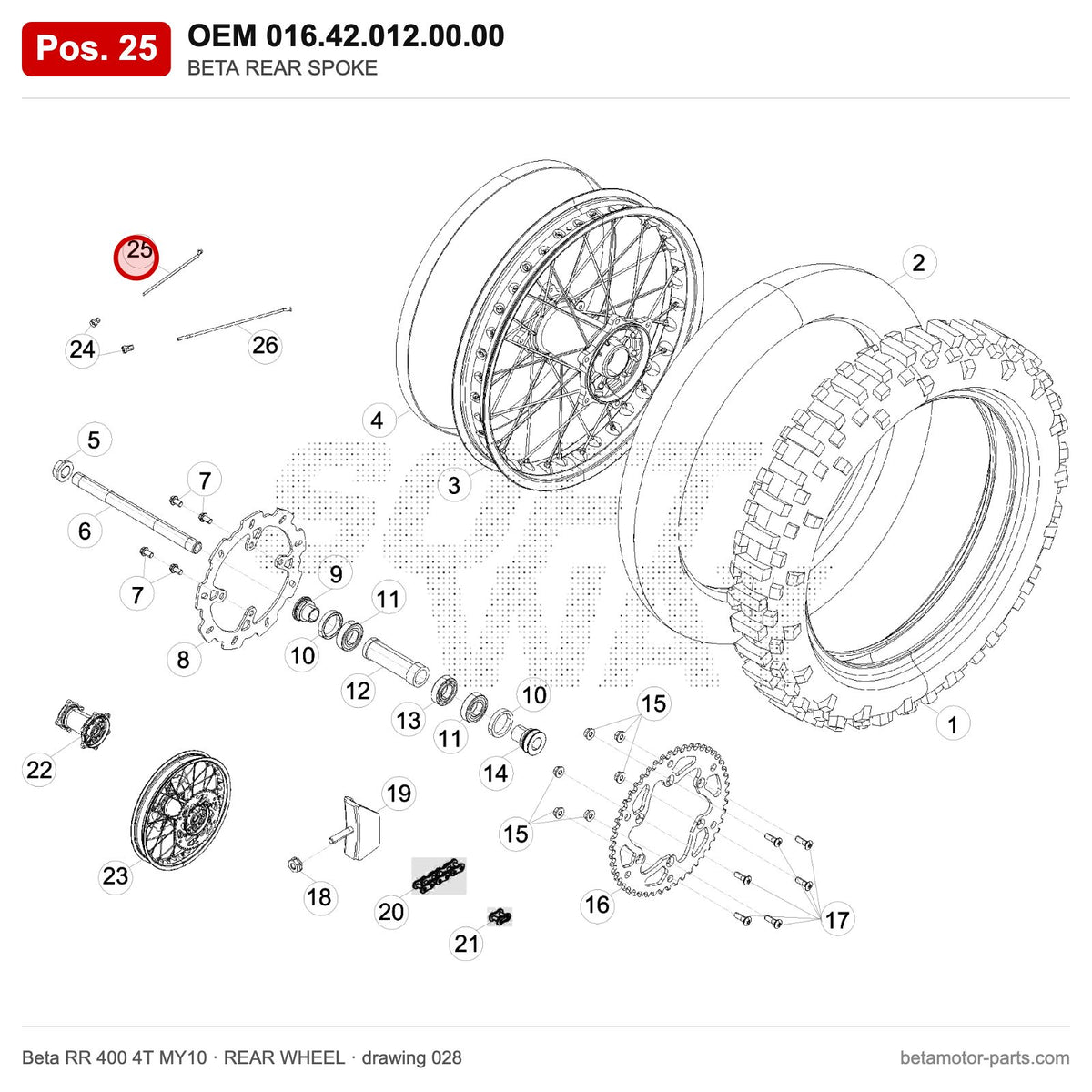 BETA REAR SPOKE – OEM 016.42.012.00.00, position 25 on the Beta RR 400 4T MY10 rear wheel drawing