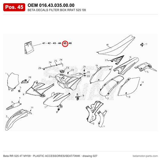 BETA DECALS FILTER BOX RR4T 525 '09 – OEM 016.43.035.00.00, position 45 on the Beta RR 525 4T MY09 plastic accessories/seat/tank drawing