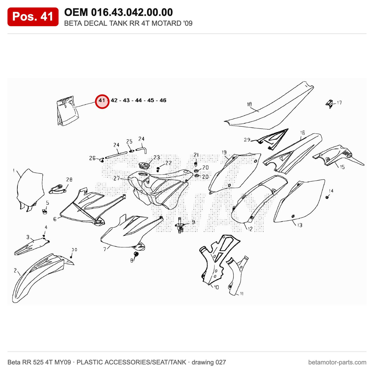 BETA DECAL TANK RR 4T MOTARD '09 – OEM 016.43.042.00.00, position 41 on the Beta RR 525 4T MY09 plastic accessories/seat/tank drawing