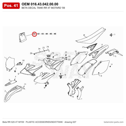 BETA DECAL TANK RR 4T MOTARD '09 – OEM 016.43.042.00.00, position 41 on the Beta RR 525 4T MY09 plastic accessories/seat/tank drawing