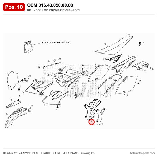 BETA RR4T RH FRAME PROTECTION – OEM 016.43.050.00.00, position 10 on the Beta RR 525 4T MY09 plastic accessories/seat/tank drawing