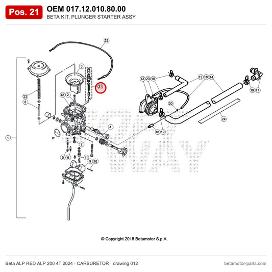 BETA KIT, PLUNGER STARTER ASSY – OEM 017.12.010.80.00, position 21 on the Beta ALP RED ALP 200 4T 2024 carburetor drawing