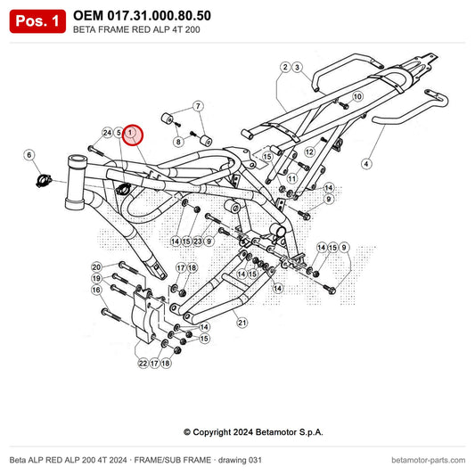 BETA FRAME RED ALP 4T 200 – OEM 017.31.000.80.50, position 1 on the Beta ALP RED ALP 200 4T 2024 frame/sub frame drawing
