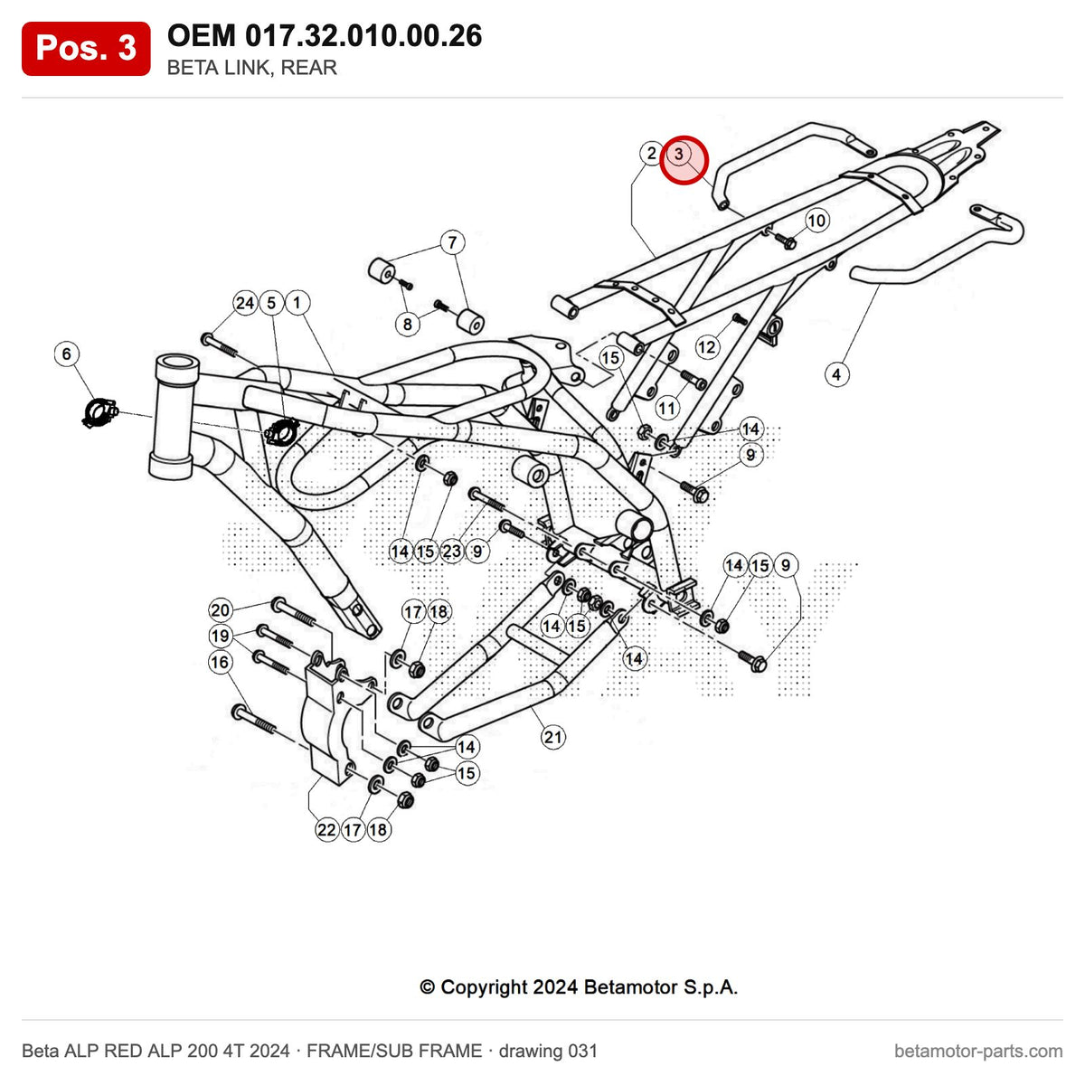 BETA LINK, REAR – OEM 017.32.010.00.26, position 3 on the Beta ALP RED ALP 200 4T 2024 frame/sub frame drawing