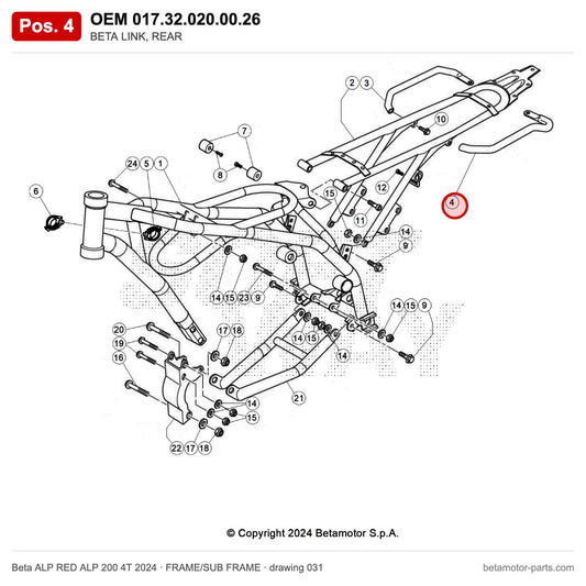 BETA LINK, REAR – OEM 017.32.020.00.26, position 4 on the Beta ALP RED ALP 200 4T 2024 frame/sub frame drawing