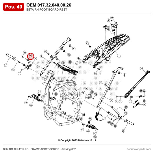 BETA RH FOOT BOARD REST – OEM 017.32.040.00.26, position 40 on the Beta RR 125 4T R LC frame accessories drawing