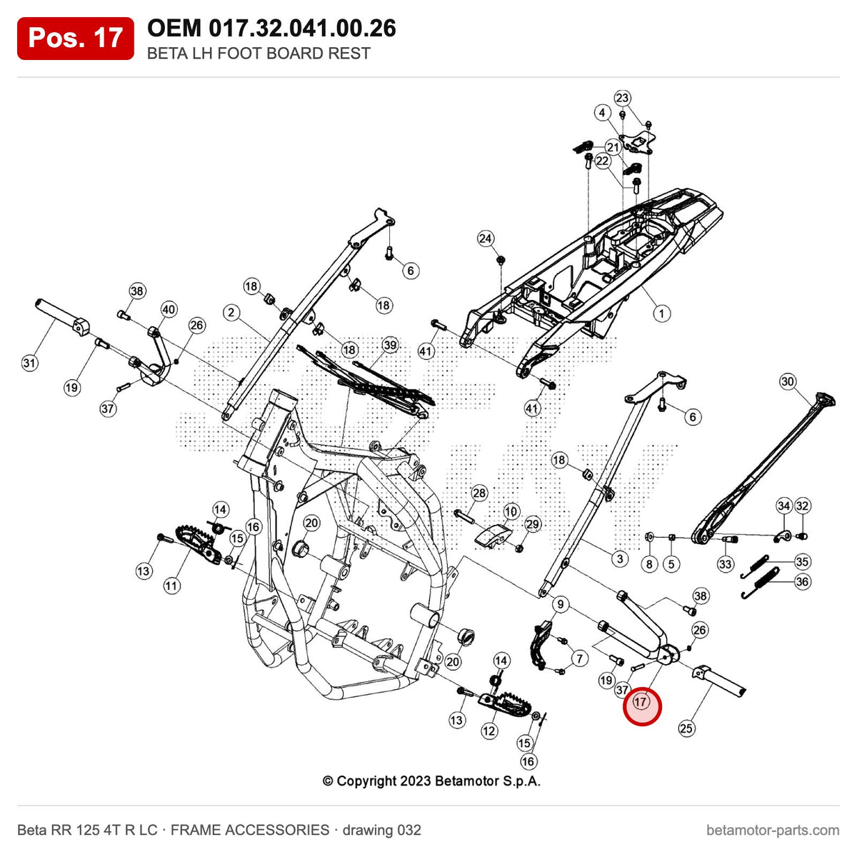 BETA LH FOOT BOARD REST – OEM 017.32.041.00.26, position 17 on the Beta RR 125 4T R LC frame accessories drawing