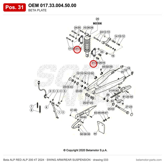 BETA PLATE – OEM 017.33.004.50.00, position 31 on the Beta ALP RED ALP 200 4T 2024 swing arm/rear suspension drawing