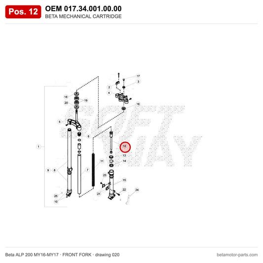 BETA MECHANICAL CARTRIDGE – OEM 017.34.001.00.00, position 12 on the Beta ALP 200 MY16-MY17 front fork drawing