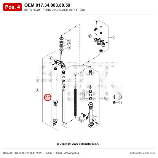 BETA RIGHT FORK LEG BLACK ALP 4T 200 – OEM 017.34.003.80.59, position 4 on the Beta ALP RED ALP 200 4T 2020 front fork drawing