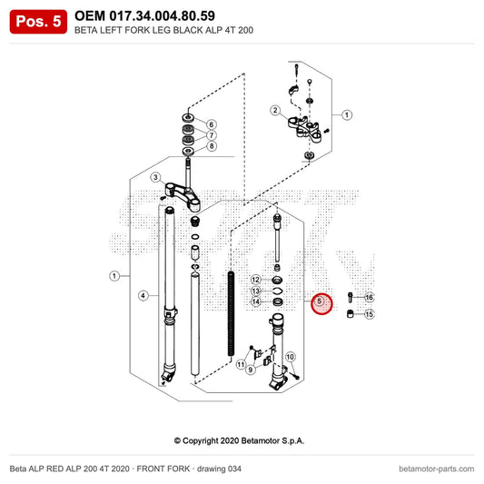BETA LEFT FORK LEG BLACK ALP 4T 200 – OEM 017.34.004.80.59, position 5 on the Beta ALP RED ALP 200 4T 2020 front fork drawing