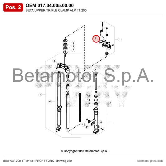 BETA UPPER TRIPLE CLAMP ALP 4T 200 – OEM 017.34.005.00.00, position 2 on the Beta ALP 200 4T MY18 front fork drawing