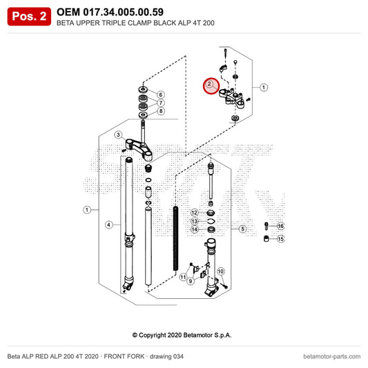 BETA UPPER TRIPLE CLAMP BLACK ALP 4T 200 – OEM 017.34.005.00.59, position 2 on the Beta ALP RED ALP 200 4T 2020 front fork drawing