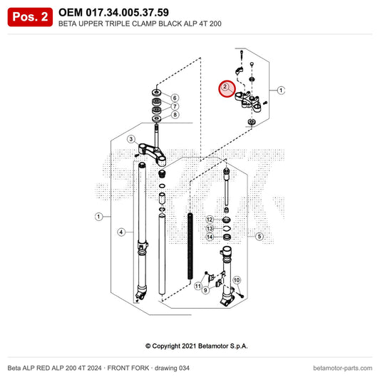 BETA UPPER TRIPLE CLAMP BLACK ALP 4T 200 – OEM 017.34.005.37.59, position 2 on the Beta ALP RED ALP 200 4T 2024 front fork drawing