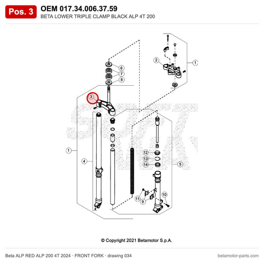 BETA LOWER TRIPLE CLAMP BLACK ALP 4T 200 – OEM 017.34.006.37.59, position 3 on the Beta ALP RED ALP 200 4T 2024 front fork drawing
