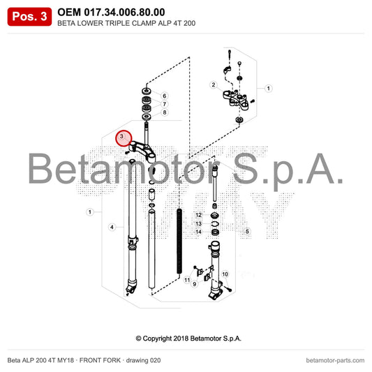 BETA LOWER TRIPLE CLAMP ALP 4T 200 – OEM 017.34.006.80.00, position 3 on the Beta ALP 200 4T MY18 front fork drawing